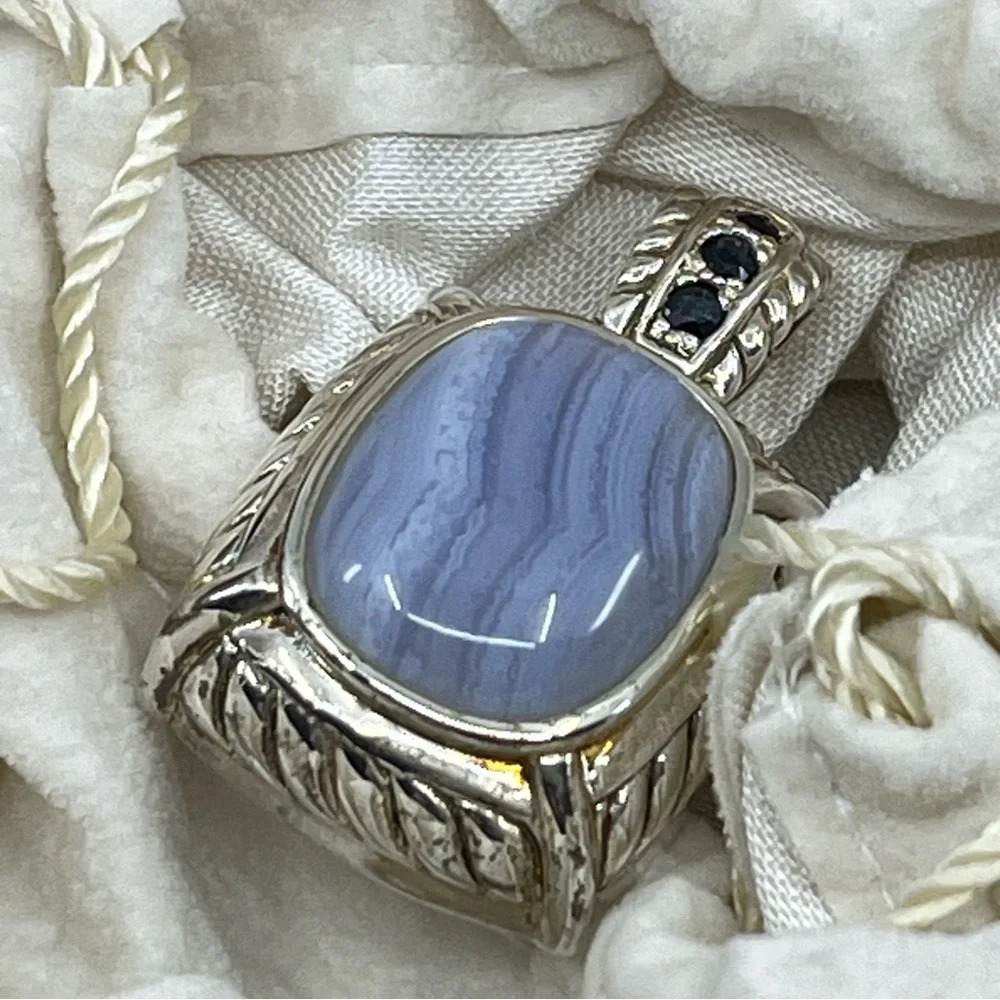 Vintage Judith Ripka Sterling Silver Pendant - Blue Lace Agate Gemstone Enhancer - Picture 5 of 16